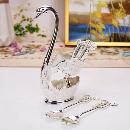 Elegant Swan Base Spoon Holder Set with 6 Coffee/Dessert Spoons(Silver spoon).