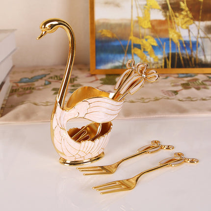 Elegant Swan Base Spoon Holder Set with 6 Coffee/Dessert Spoons(Gold Fork).