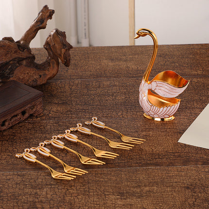 Elegant Swan Base Spoon Holder Set with 6 Coffee/Dessert Spoons(Gold Fork).