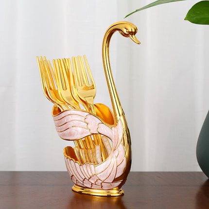 Elegant Swan Base Spoon Holder Set with 6 Coffee/Dessert Spoons(Gold Fork).