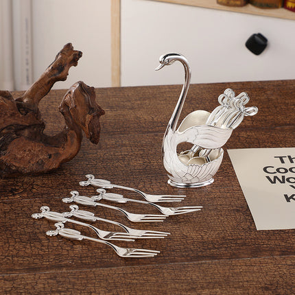Elegant Swan Base Spoon Holder Set with 6 Coffee/Dessert Spoons(Silver fork).