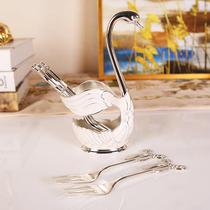 Elegant Swan Base Spoon Holder Set with 6 Coffee/Dessert Spoons(Silver fork).