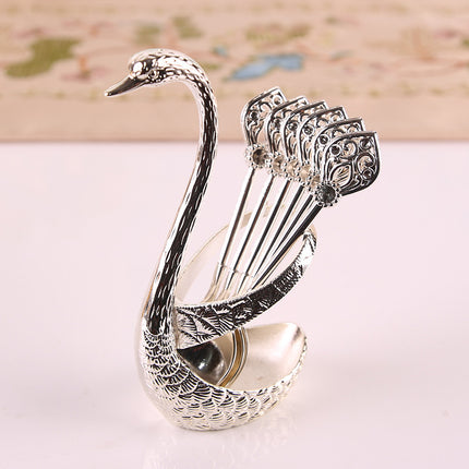 Silver Elegant Swan Cutlery Holder Set with 6 Dessert Spoons.
