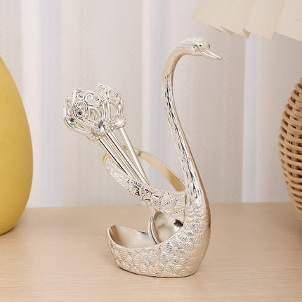 Silver Elegant Swan Cutlery Holder Set with 6 Dessert Spoons.