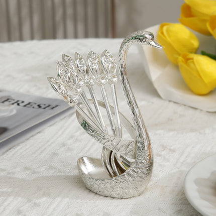 Silver Elegant Swan Cutlery Holder Set with 6 Dessert Spoons.