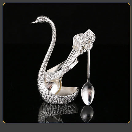 Silver Elegant Swan Cutlery Holder Set with 6 Dessert Spoons.