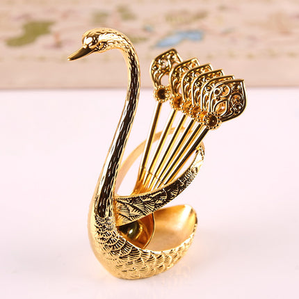 Gold Elegant Swan Cutlery Holder Set with 6 Dessert Spoons.