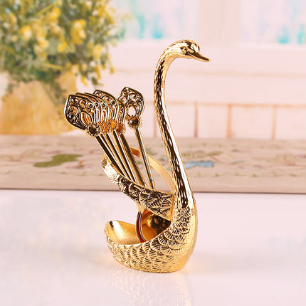 Gold Elegant Swan Cutlery Holder Set with 6 Dessert Spoons.