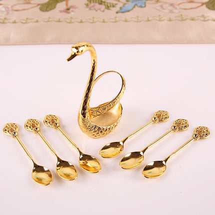 Gold Elegant Swan Cutlery Holder Set with 6 Dessert Spoons.