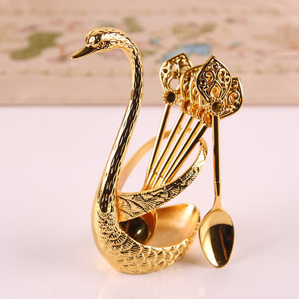 Gold Elegant Swan Cutlery Holder Set with 6 Dessert Spoons.