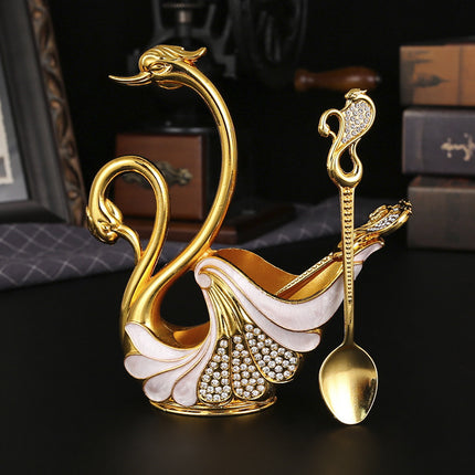 Gold Elegant Double Swan Cutlery Holder Set with 6pcs Spoons.