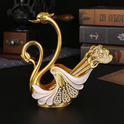 Gold Elegant Double Swan Cutlery Holder Set with 6pcs Spoons.