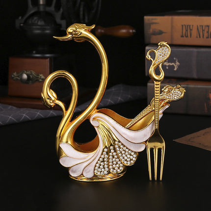 Gold Elegant Double Swan Cutlery Holder Set with 6pcs Fork.