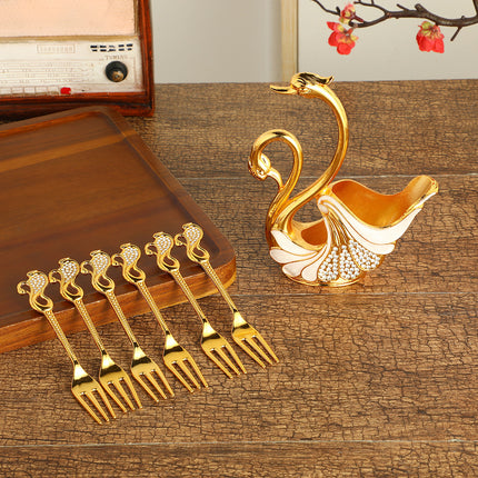 Gold Elegant Double Swan Cutlery Holder Set with 6pcs Fork.