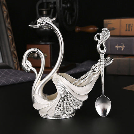 Silver Elegant Double Swan Cutlery Holder Set with 6pcs Spoons.