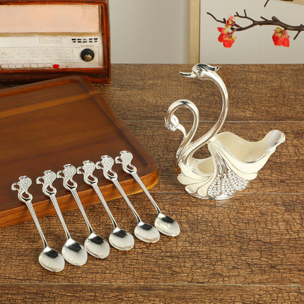 Silver Elegant Double Swan Cutlery Holder Set with 6pcs Spoons.