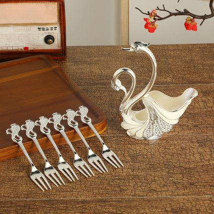 Silver Elegant Double Swan Cutlery Holder Set with 6pcs Fork.