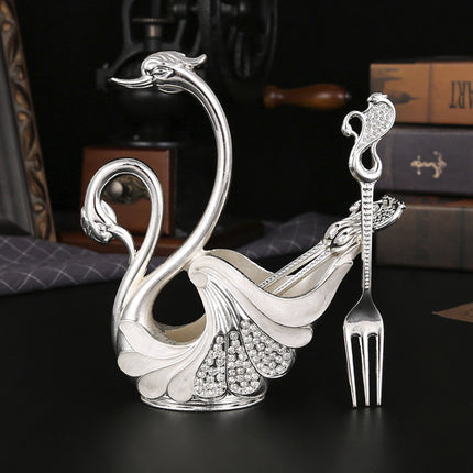 Silver Elegant Double Swan Cutlery Holder Set with 6pcs Fork.
