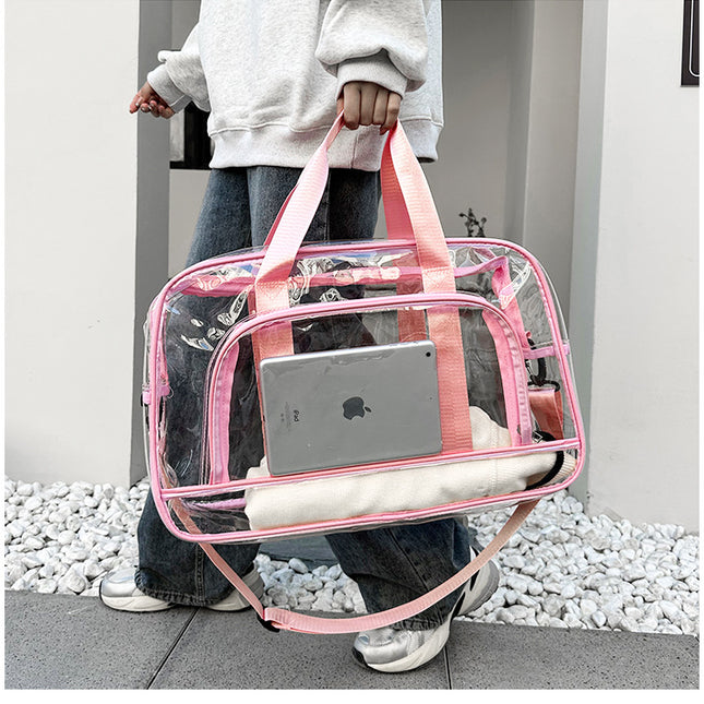 Pink transparent Multi-Purpose Clear PVC Bag - Travel, Fitness, Storage Tote (50x32x18cm).