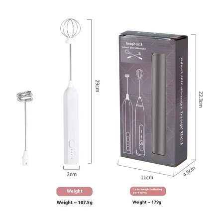 White Mini Hand Mixer with Frother & Balloon Whisk Heads - Rechargeable Kitchen Tool.