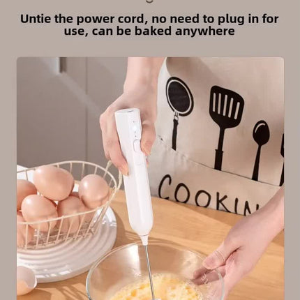White Mini Hand Mixer with Frother & Balloon Whisk Heads - Rechargeable Kitchen Tool.