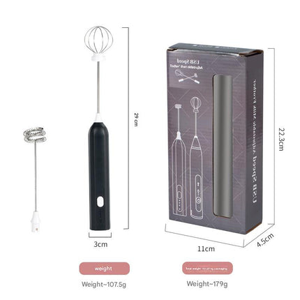 Black Mini Hand Mixer with Frother & Balloon Whisk Heads - Rechargeable Kitchen Tool.