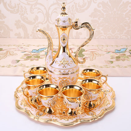 Elegant Gold Metal Serving Set - Decanter, 6 Cups, Tray (White Gold).