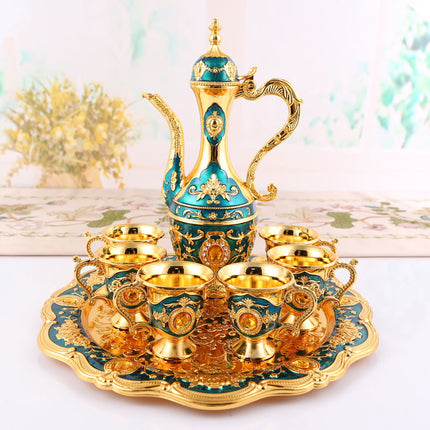 Elegant Gold Metal Serving Set - Decanter, 6 Cups, Tray (Gold blue).