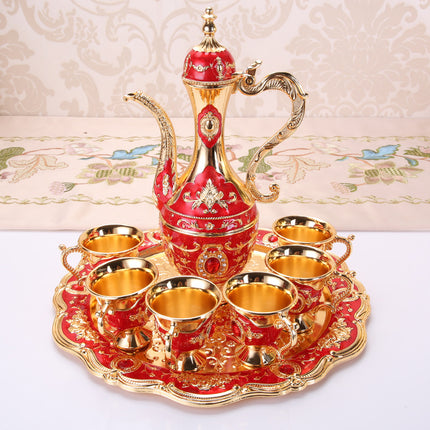 Elegant Gold Metal Serving Set - Decanter, 6 Cups, Tray (Golden Red).