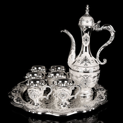 Elegant Gold Metal Serving Set - Decanter, 6 Cups, Tray (Silver).
