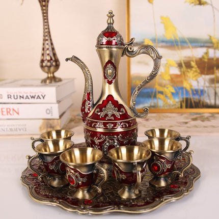 Elegant Gold Metal Serving Set - Decanter, 6 Cups, Tray (Copper+Red).