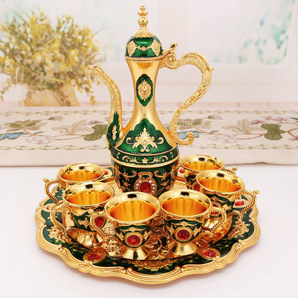 Elegant Gold Metal Serving Set - Decanter, 6 Cups, Tray (Gold Green).