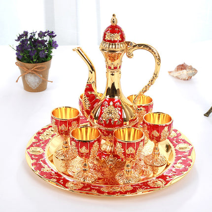 Vintage Palace Style Liquor Serving Set - Metal Pot, 6 Cups & Tray (Golden Red).