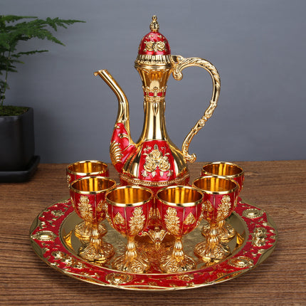 Vintage Palace Style Liquor Serving Set - Metal Pot, 6 Cups & Tray (Golden Red).