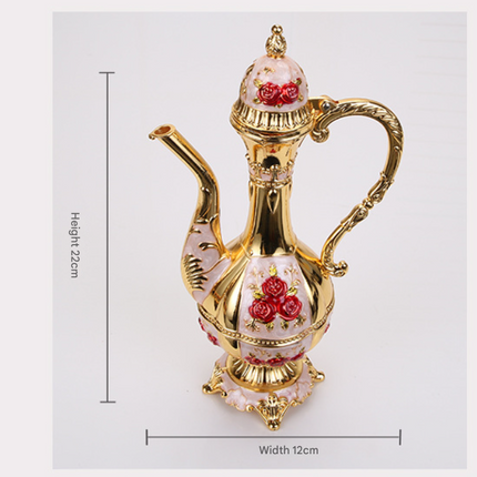 Vintage Palace Style Liquor Serving Set - Metal Pot, 6 Cups & Tray (Golden Red).