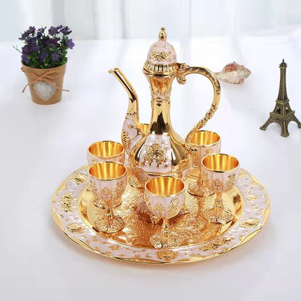 Vintage Palace Style Liquor Serving Set - Metal Pot, 6 Cups & Tray (White Gold).