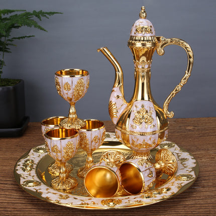 Vintage Palace Style Liquor Serving Set - Metal Pot, 6 Cups & Tray (White Gold).