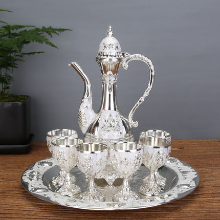 Vintage Palace Style Liquor Serving Set - Metal Pot, 6 Cups & Tray (Silver).