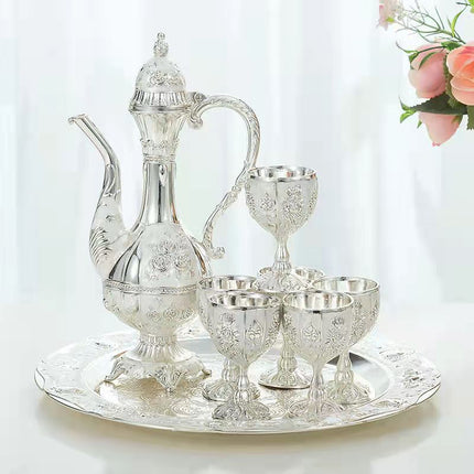 Vintage Palace Style Liquor Serving Set - Metal Pot, 6 Cups & Tray (Silver).
