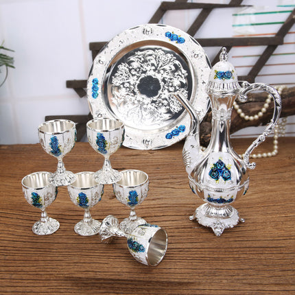 Vintage Palace Style Liquor Serving Set - Metal Pot, 6 Cups & Tray (Silvery blue rose).