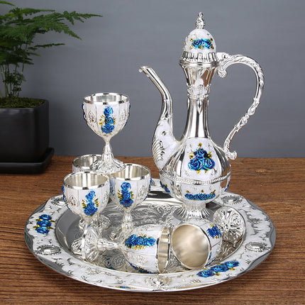 Vintage Palace Style Liquor Serving Set - Metal Pot, 6 Cups & Tray (Silvery blue rose).