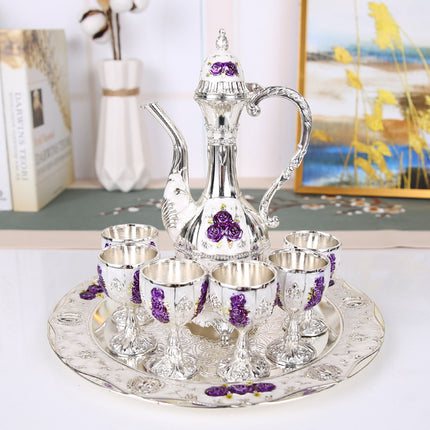 Vintage Palace Style Liquor Serving Set - Metal Pot, 6 Cups & Tray (Silver Purple Rose).