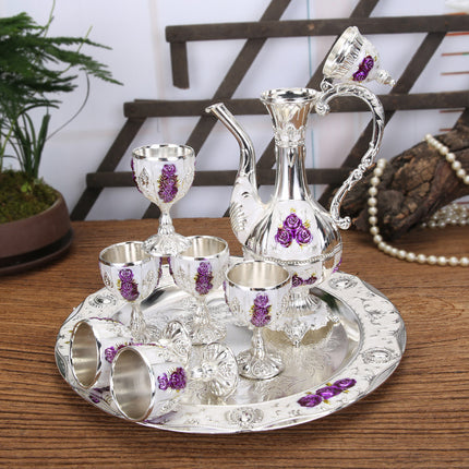 Vintage Palace Style Liquor Serving Set - Metal Pot, 6 Cups & Tray (Silver Purple Rose).