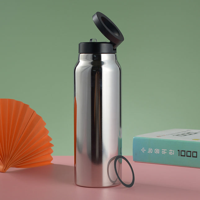 Stainless Steel Insulated Water Bottle with Integrated Magnetic Phone Stand - Silver (24oz).