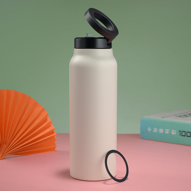Stainless Steel Insulated Water Bottle with Integrated Magnetic Phone Stand - Beige (24oz).
