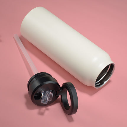 Stainless Steel Insulated Water Bottle with Integrated Magnetic Phone Stand - Beige (24oz).