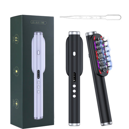 Black Vibrating Scalp Massager Comb - LED Therapy & Oil Infuser for Hair Growth.