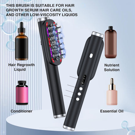 Black Vibrating Scalp Massager Comb - LED Therapy & Oil Infuser for Hair Growth.
