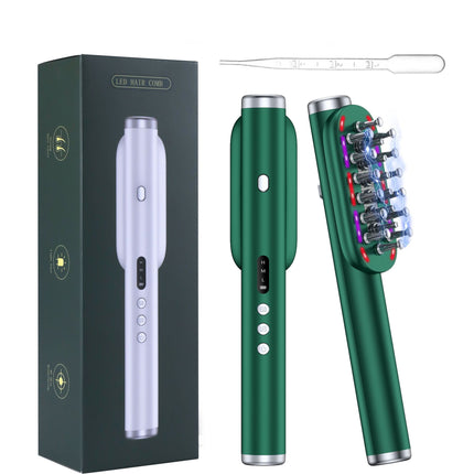 Green Vibrating Scalp Massager Comb - LED Therapy & Oil Infuser for Hair Growth.