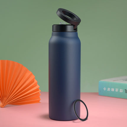 Stainless Steel Insulated Water Bottle with Integrated Magnetic Phone Stand - Blue (32oz).